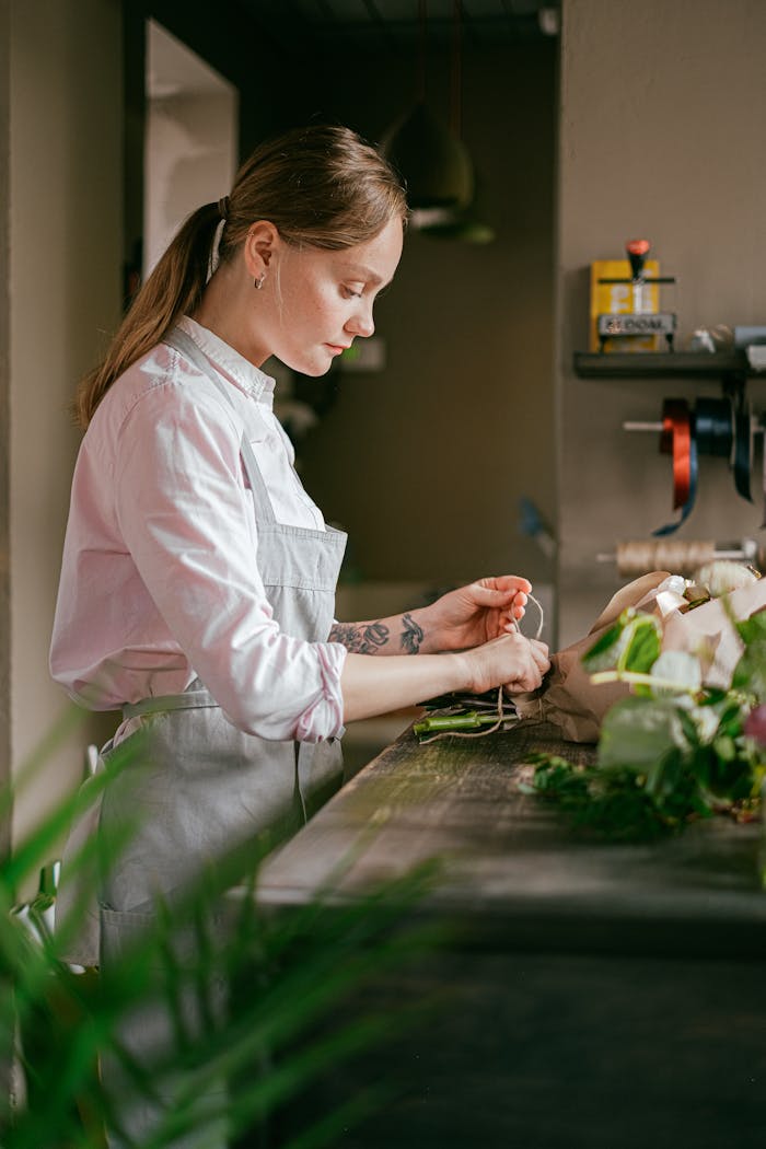 A female florist arranges a bouquet in a floral shop, focusing on her craft.